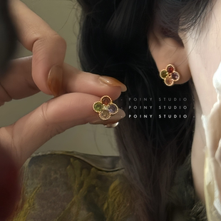 复古精致彩色宝石耳环女气质高级感锆石耳饰小巧百搭潮流新品
