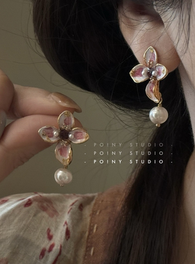 珐琅粉色花朵珍珠耳坠耳环女新中式国风时尚甜美耳饰新款925银针