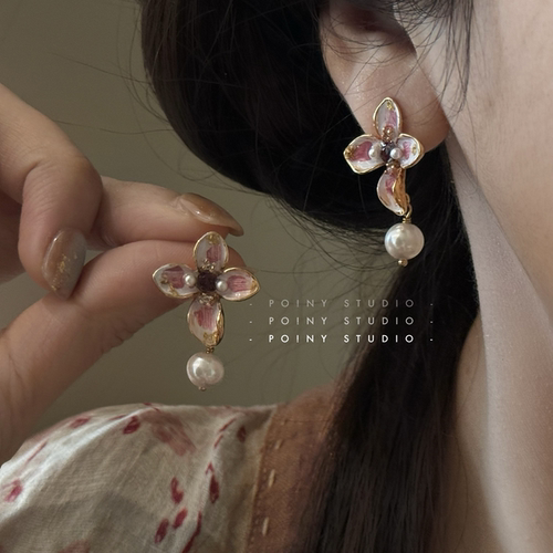 珐琅粉色花朵珍珠耳坠耳环女新中式国风时尚甜美耳饰新款925银针
