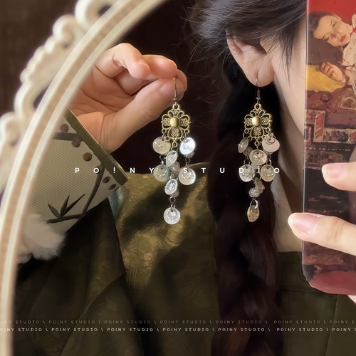 波西米亚镂空花朵贝壳长款耳环