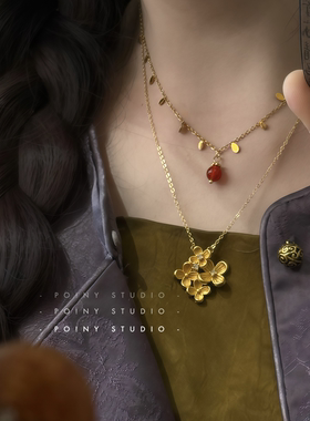 新中式金色花朵项链女轻奢小众设计感锁骨链高级感颈链毛衣链配饰