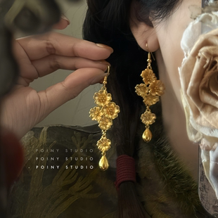 新中式复古金色花朵耳环女长款流苏耳坠高级感国风耳饰耳夹新款