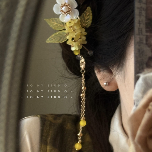 桂花朵流苏发夹古风汉服头饰琉璃叶珍珠点缀仙气边夹发饰新款