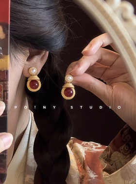 复古中国风红色耳环女小巧百搭精致气质高级感珍珠耳钉过新年耳饰