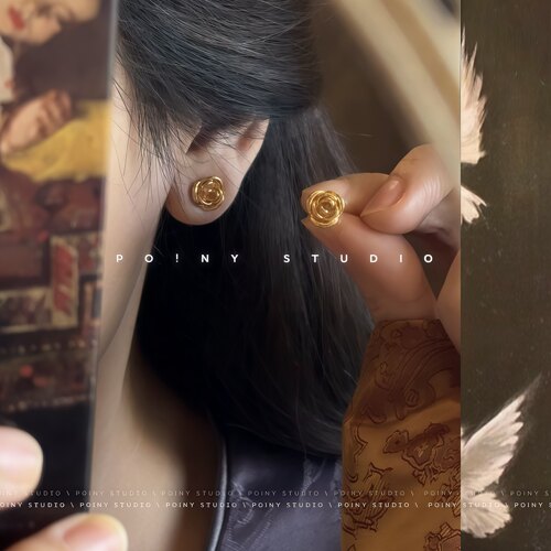 S925银针玫瑰花高级感金属耳饰