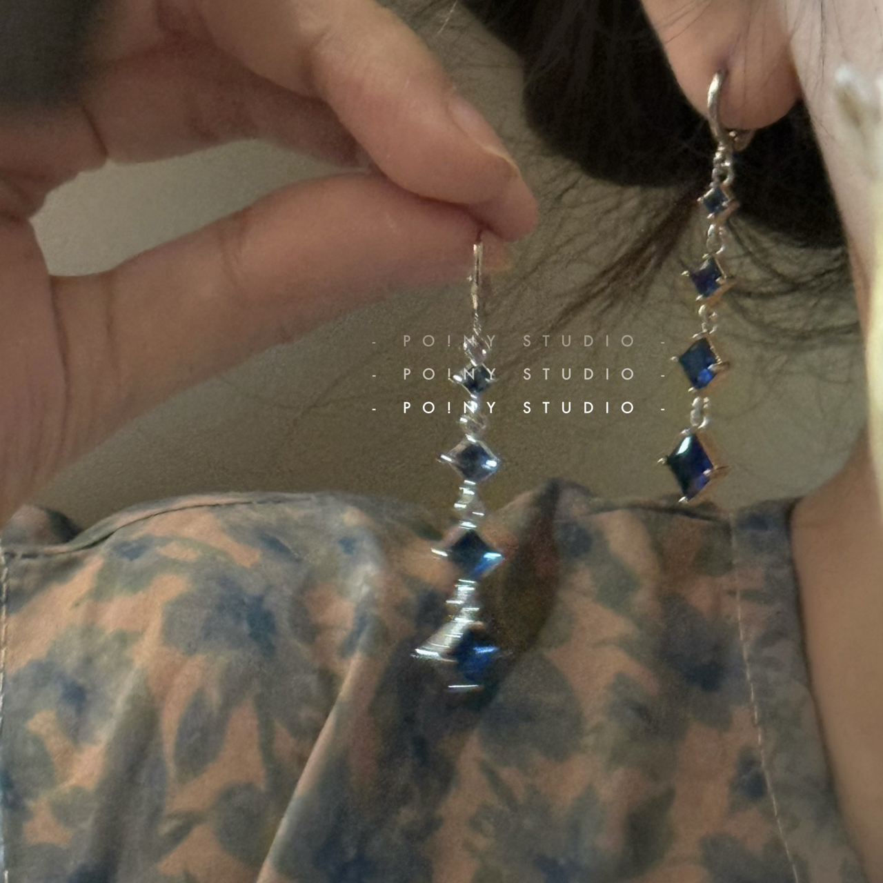 蓝钻几何长款耳环女复古菱形宝石流苏耳坠气质耳饰耳夹