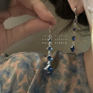 蓝钻几何长款耳环女复古菱形宝石流苏耳坠气质耳饰耳夹