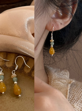 原创新中式复古风天然石耳坠耳环2024年新款潮气质高级感耳饰耳夹