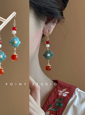 古风耳环复古珐琅古典中式珍珠红色新年耳坠新中式汉服耳夹过年