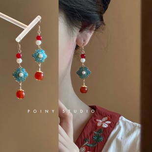 古风耳环复古珐琅古典中式珍珠红色新年耳坠新中式汉服耳夹过年