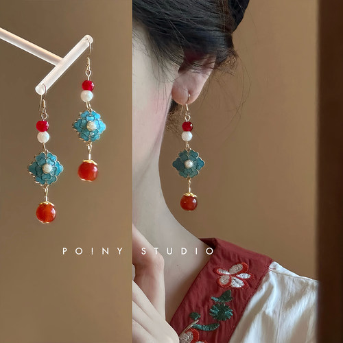 古风耳环复古珐琅古典中式珍珠红色新年耳坠新中式汉服耳夹过年