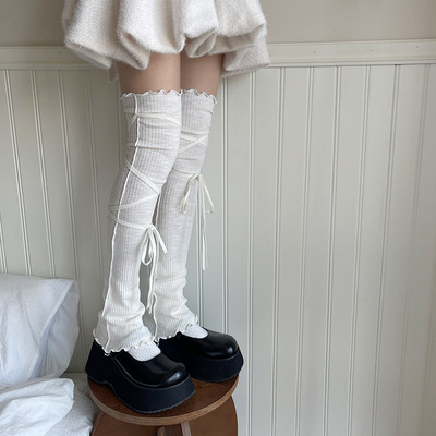 千禧年Y2K辣妹复古DIY绑带竖条木耳边喇叭过膝长筒保暖袜套腿套女