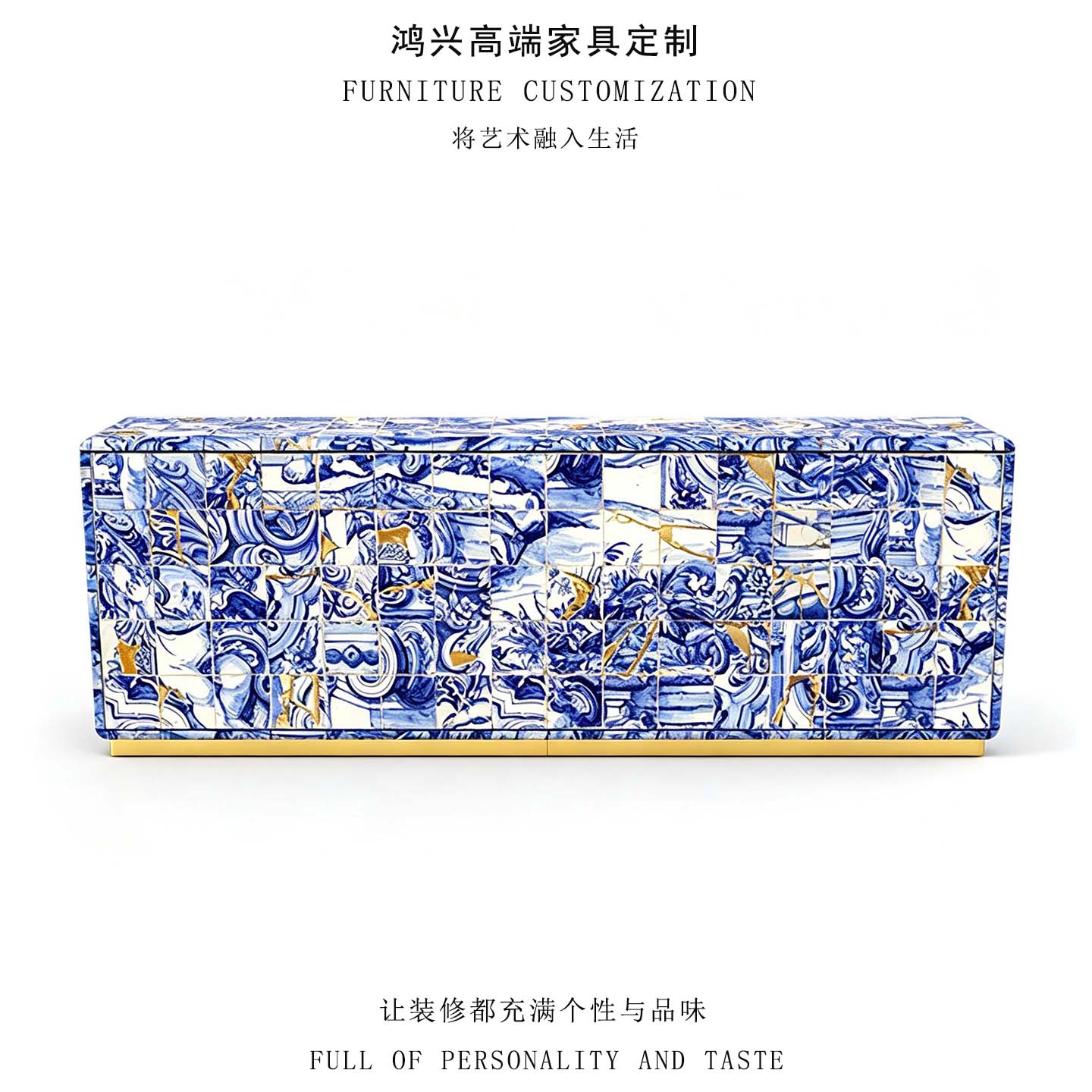 意式轻奢彩绘餐边柜别墅豪宅高端储物柜设计师款艺术青花瓷玄关柜