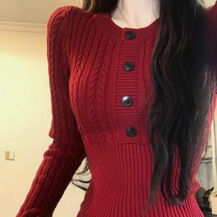 红色新年圣诞复古收腰显瘦绞花毛衣女修身内搭针织打底上衣春秋季