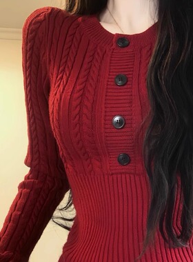 红色新年圣诞复古收腰显瘦绞花毛衣女修身内搭针织打底上衣春秋季