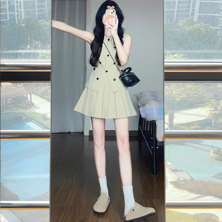 金属爱心西装马甲背心半身裙两件套千金名媛小香风套装女夏季薄款