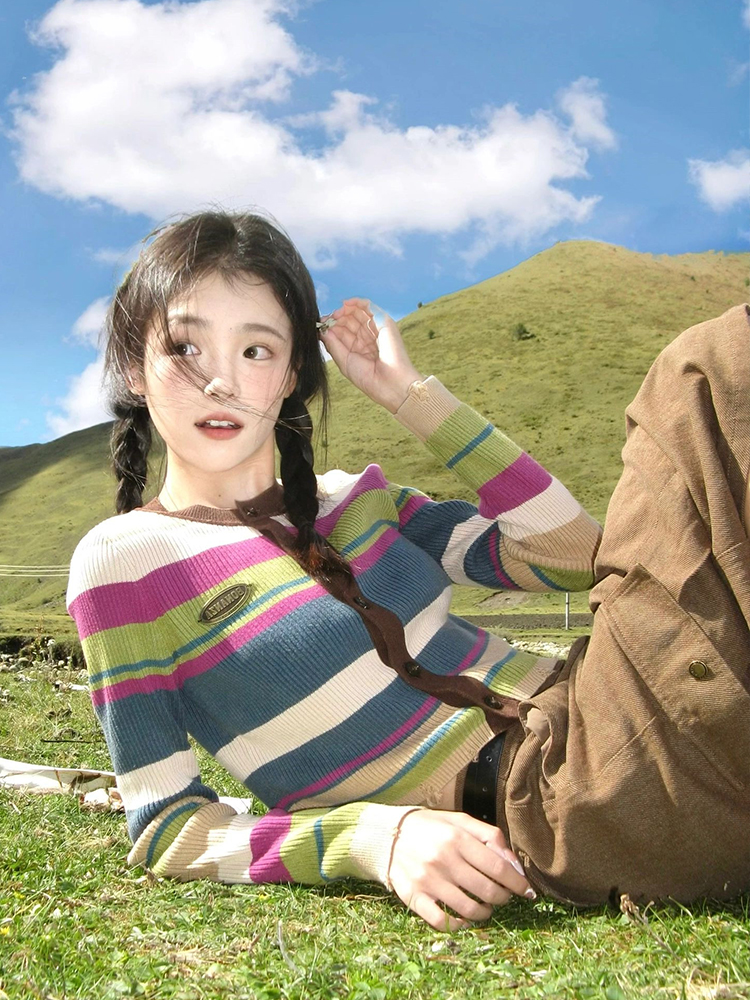 小彩条开衫正肩水洗针织外套秋冬