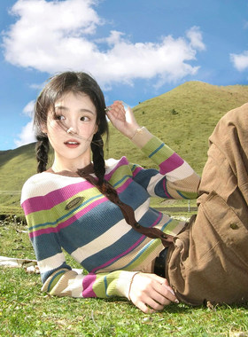 小彩条开衫正肩水洗针织外套秋冬