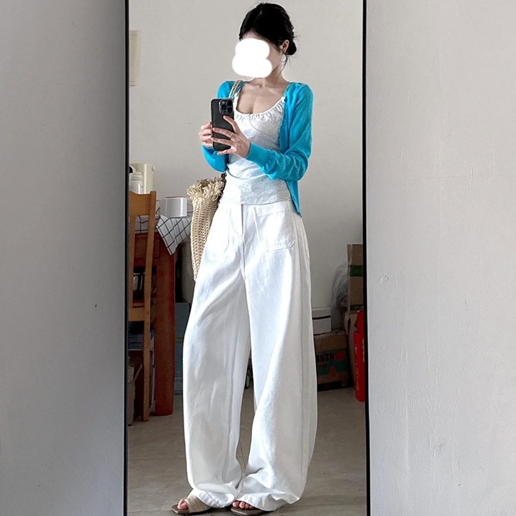 白水 慵懒周末 V领蓝色针织开衫女春夏季薄款修身气质长袖上衣女