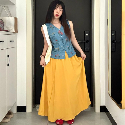 夏日绝美超漂亮苎麻半裙马甲套装