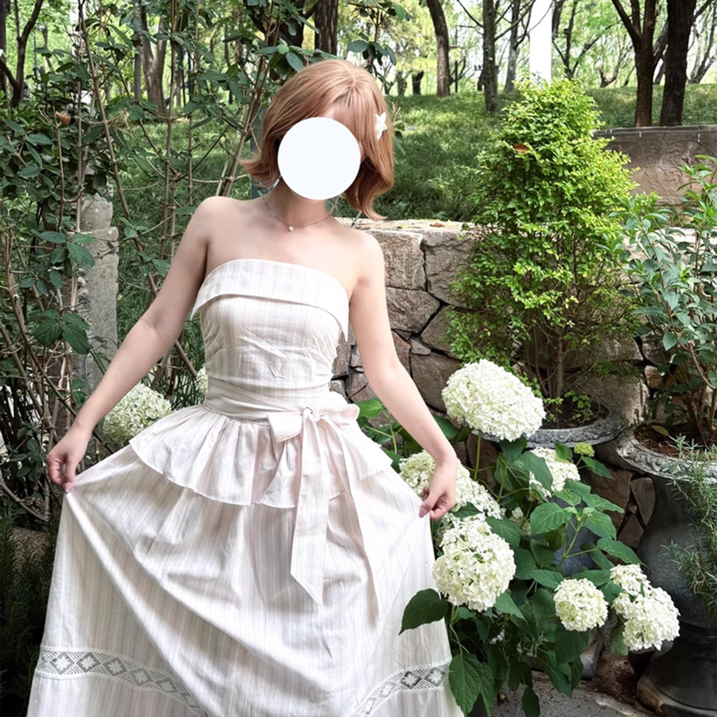 韩系多巴胺减龄夏季粉色条纹吊带抹胸修身显瘦绑带连衣裙长裙子女