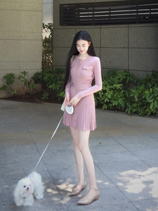 名媛气质小香风粉色圆领针织连衣裙长袖纯欲收腰显瘦a字百褶裙子