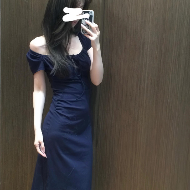 法式复古绝美漂亮藏蓝色连衣裙生日礼服宴会收腰显瘦小个子长裙女