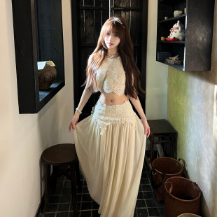 法式 女 复古重工软糯亲肤优雅甜美气质精致睫毛蕾丝上衣 长裙套装