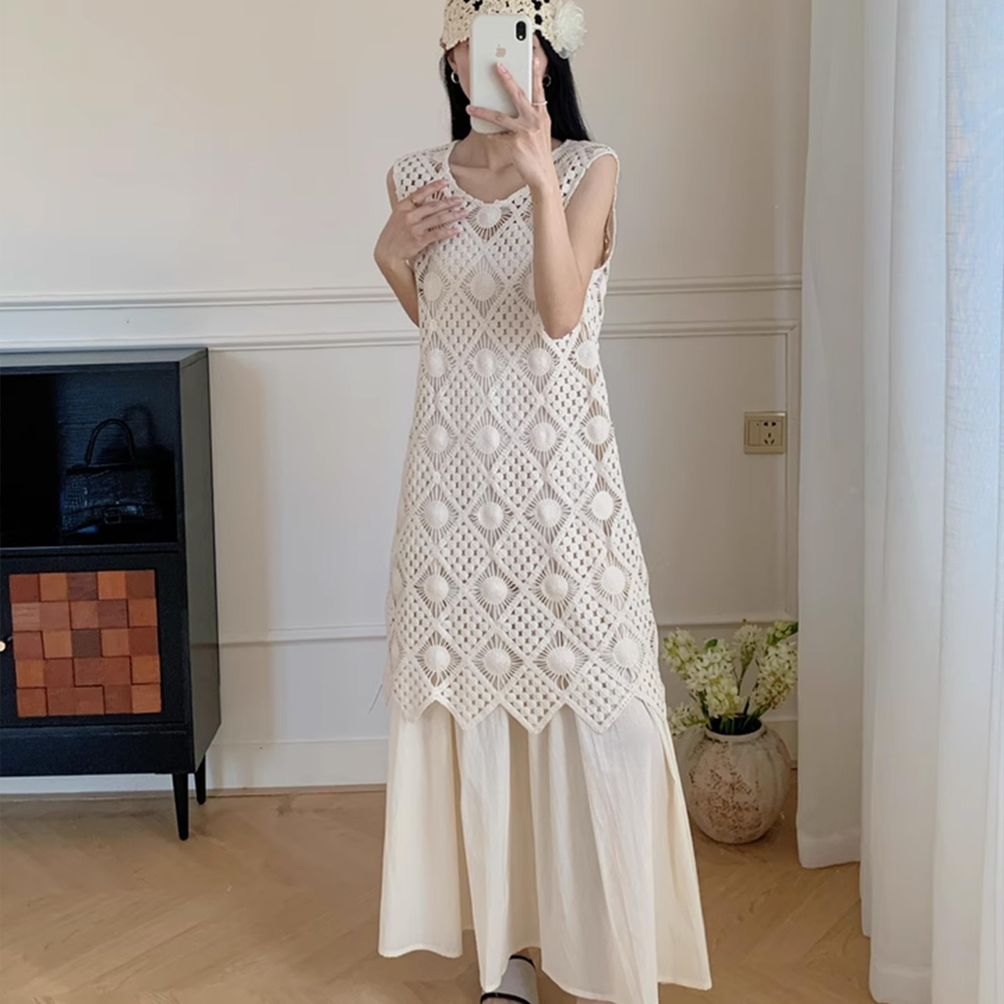 绝美漂亮名媛气质镂空钩花背心上衣+吊带裙套装女夏无袖连衣裙子