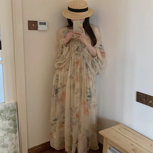 连衣裙夏季 大方漂亮性感度假风海边黄色碎花宽松天丝雪纺新中式 薄