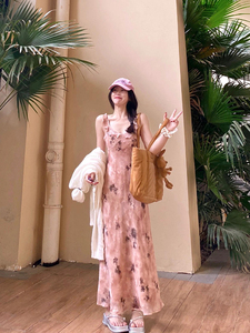 SOLO爆爆半夏山茶~茶歇法式气质收腰a字碎花连衣裙女夏长款吊带裙