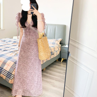 SOLO爆爆定制~馥郁天仙~温柔风法式连衣裙女夏收腰v领碎花裙子