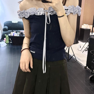 miu系小个子修身 一字肩上衣高级感法式 新款 绝美锁骨短袖 2025夏季