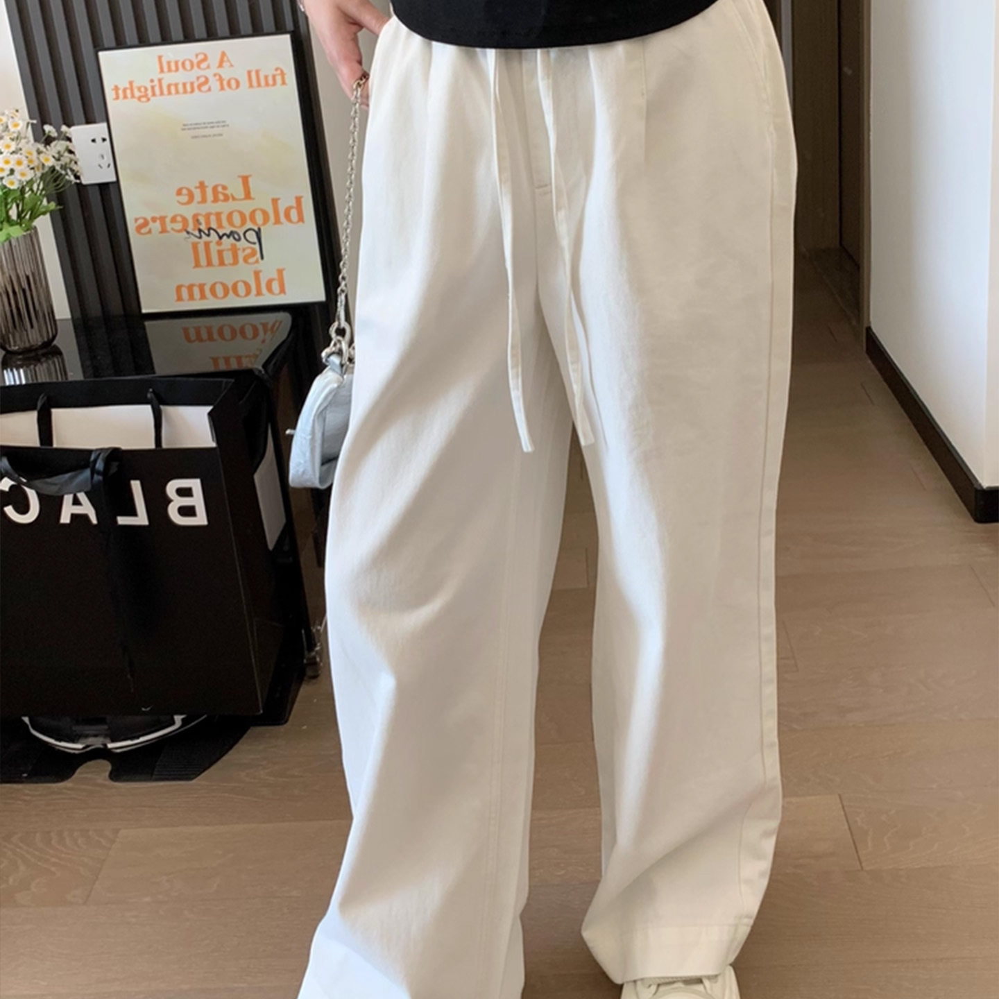 韩系小众设计感白色阔腿牛仔裤女夏薄款系带松紧腰直筒裤子小个子