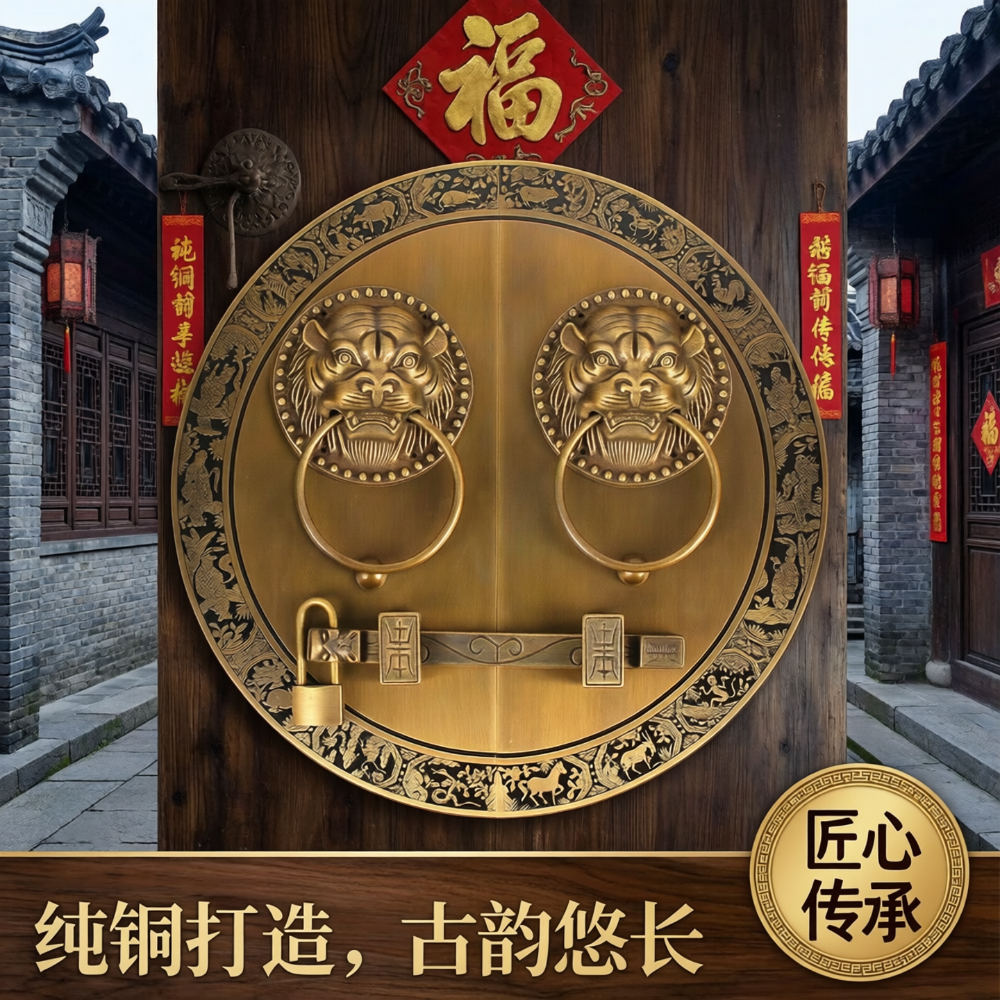 中式仿古纯铜大门拉手门栓老式铜把手复古典木门插销圆形黄铜门锁