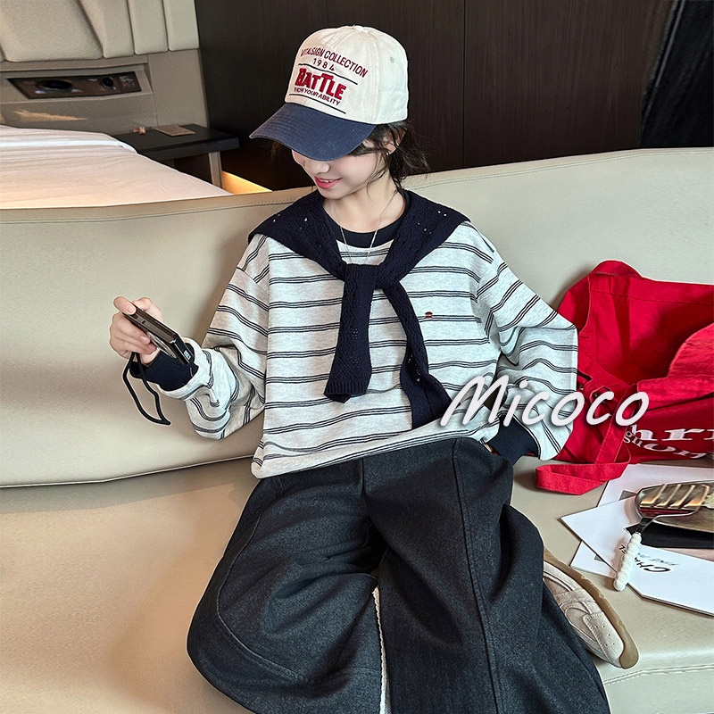 2025新款春秋条纹披肩卫衣女童时尚洋气休闲百搭女孩牛仔裤潮款