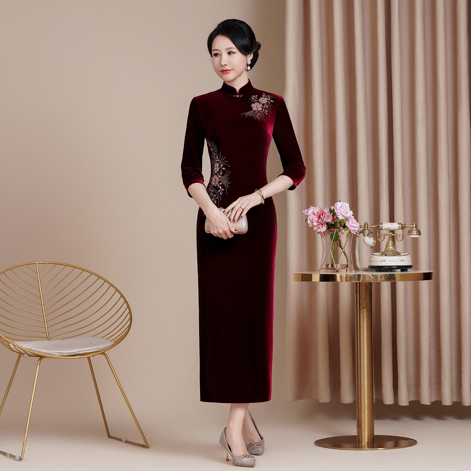 秋冬款婚宴喜婆婆喜妈妈装敬酒服改良金丝绒旗袍修身长款显瘦礼服