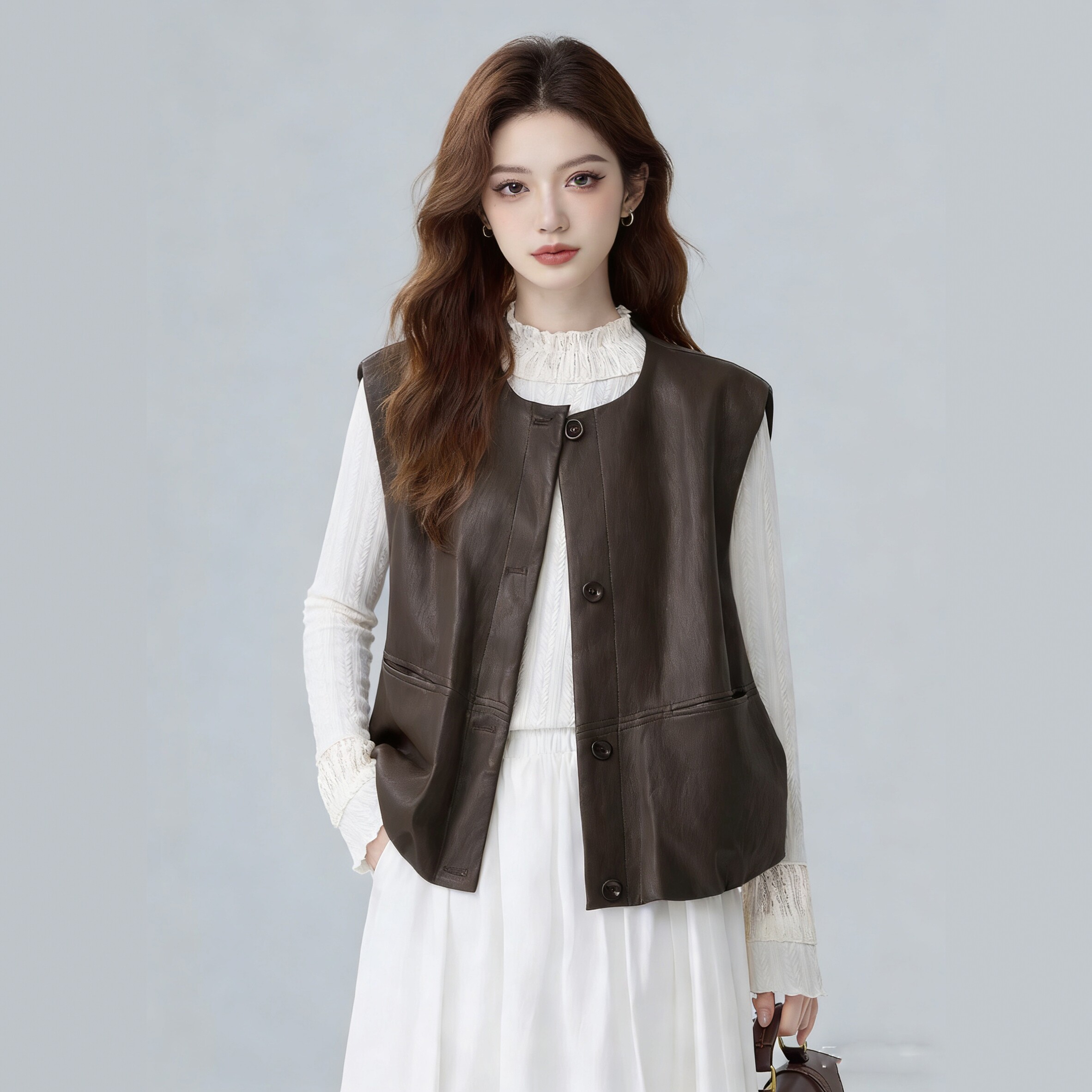 2026新款棕色皮衣马甲女春季叠穿小个子设计感超火皮坎肩背心外套