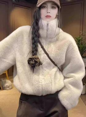 2025新款冬季皮毛一体短款仿水貂绒立领休闲环保皮草毛毛外套女