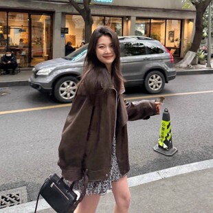 棕色皮衣外套女美式复古酷飒风高级感宽松PU机车夹克2025新款春秋