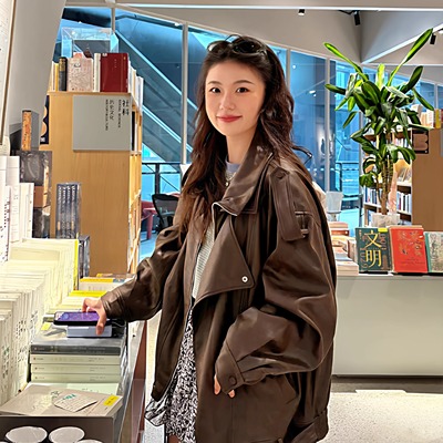 棕色皮衣外套女2025春秋新款翻领洋气宽松超火显瘦高级感PU皮夹克
