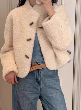 2025新款牛角扣羊羔毛皮毛一体外套女韩版冬季高级休闲毛毛厚上衣