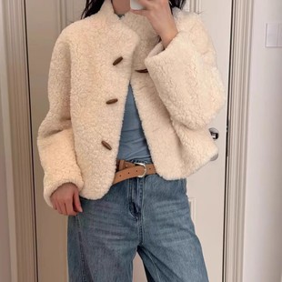 2025新款牛角扣羊羔毛皮毛一体外套女韩版冬季高级休闲毛毛厚上衣