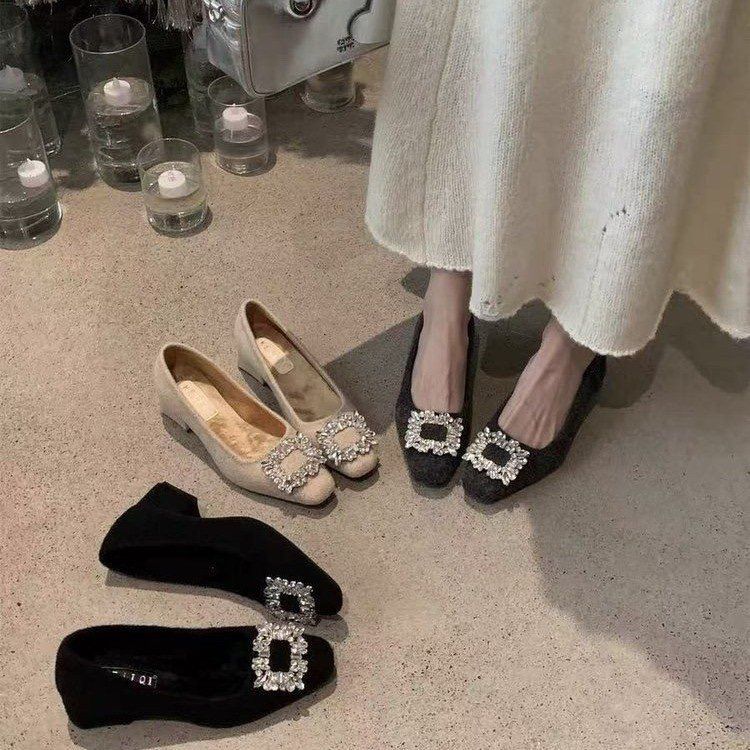 法式粗跟水钻加绒黑色单鞋女鞋子2025新款秋冬气质浅口粗跟高跟鞋