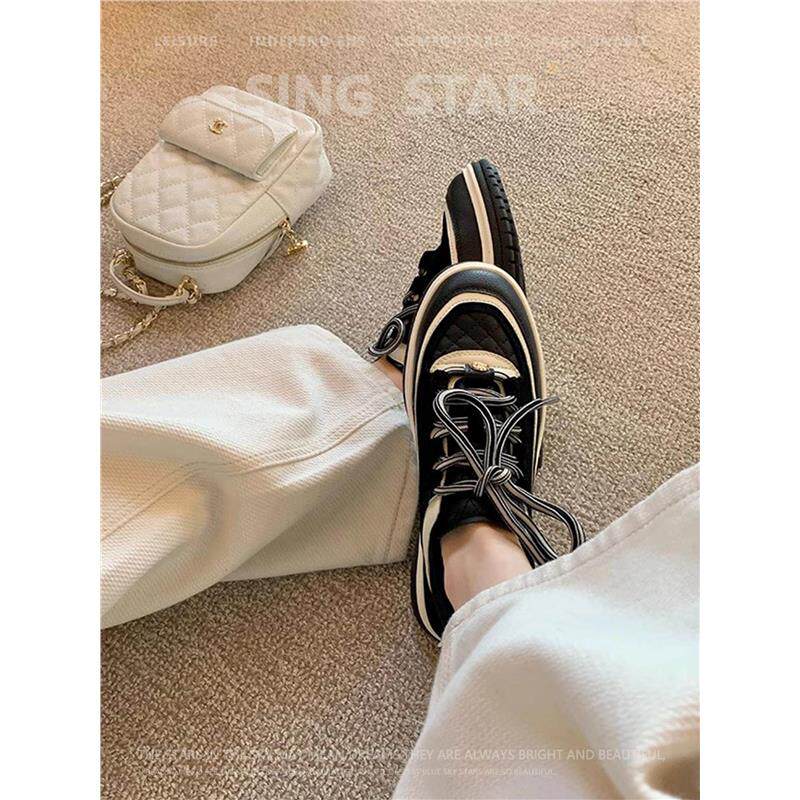 厚底增高老爹鞋女2025年新款菱格纹熊猫黑白拼色运动鞋真皮休闲鞋