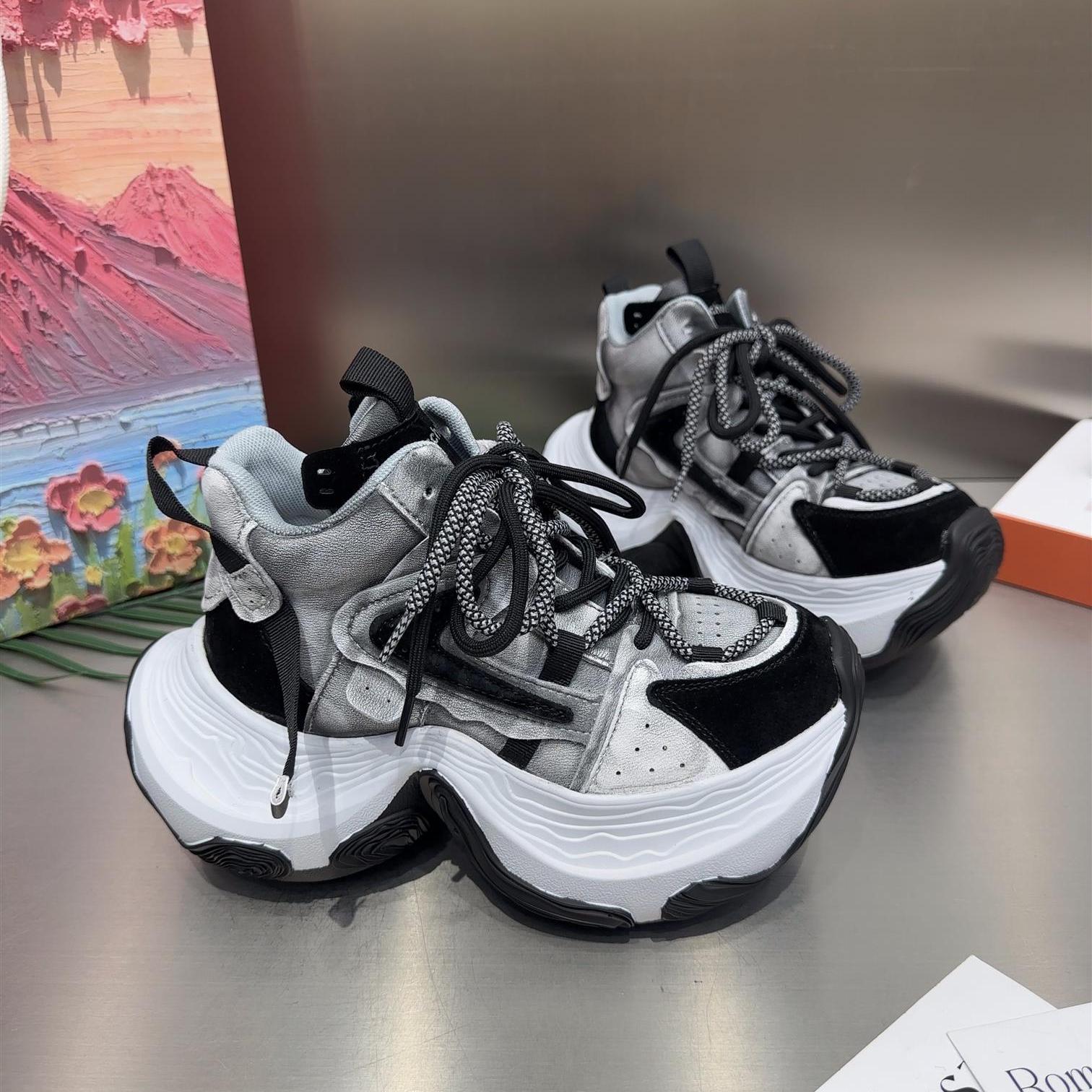 真皮厚底增高老爹鞋女2025