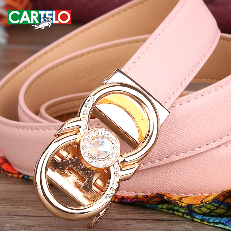 卡帝乐鳄鱼女士皮带自动扣真皮细裤腰带时尚镶钻装饰休闲牛皮皮带