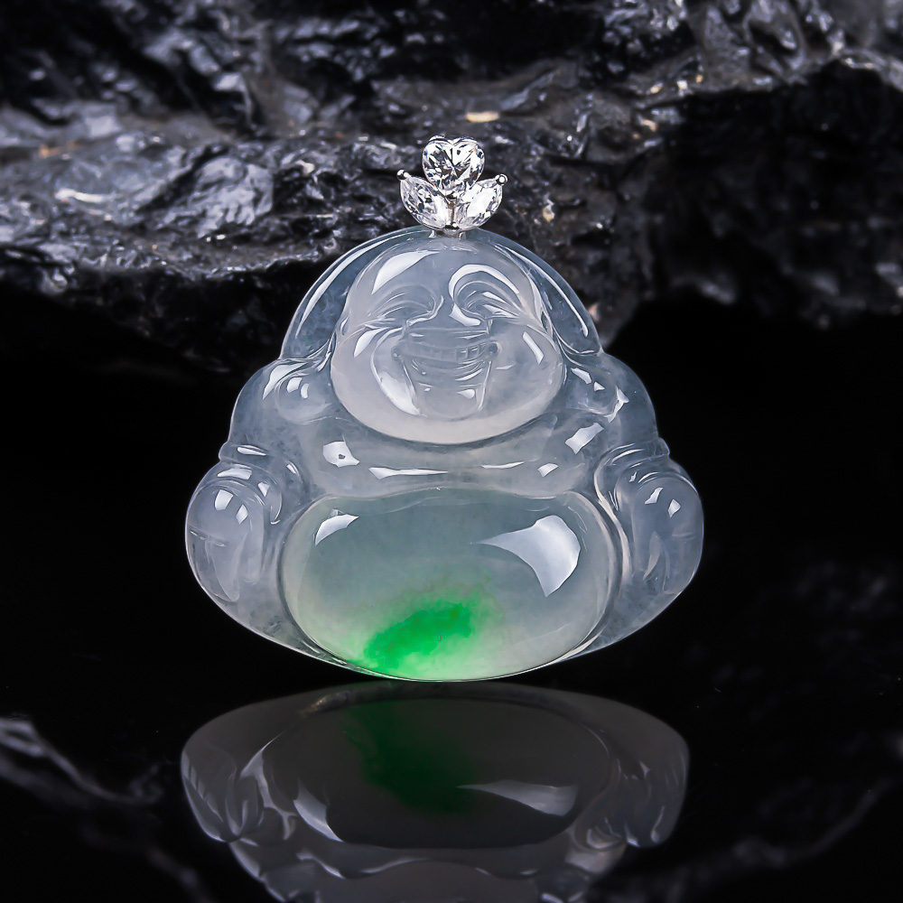 缅甸天然翡翠A货老坑老料18K金伴钻豪镶飘阳绿佛公玉石吊坠带证书