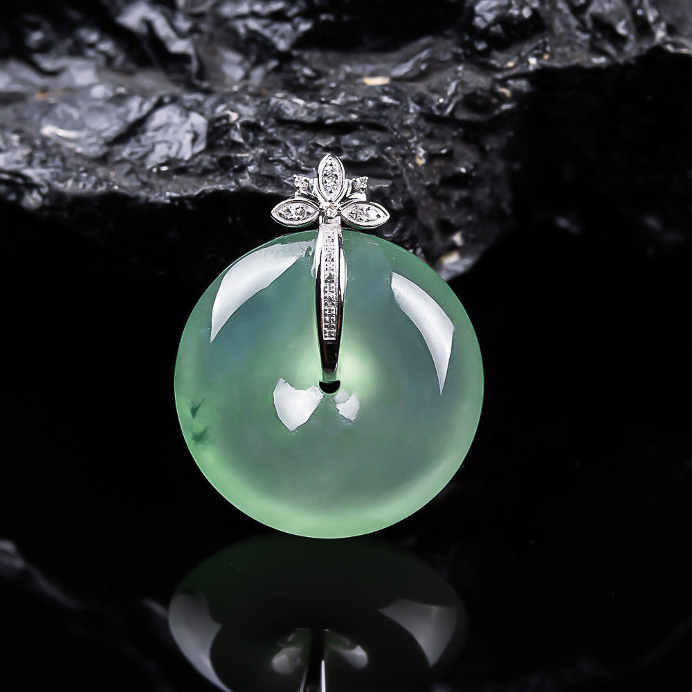 缅甸天然翡翠A货老坑老料18K金镶冰种满绿飘花平安扣玉吊坠带证书