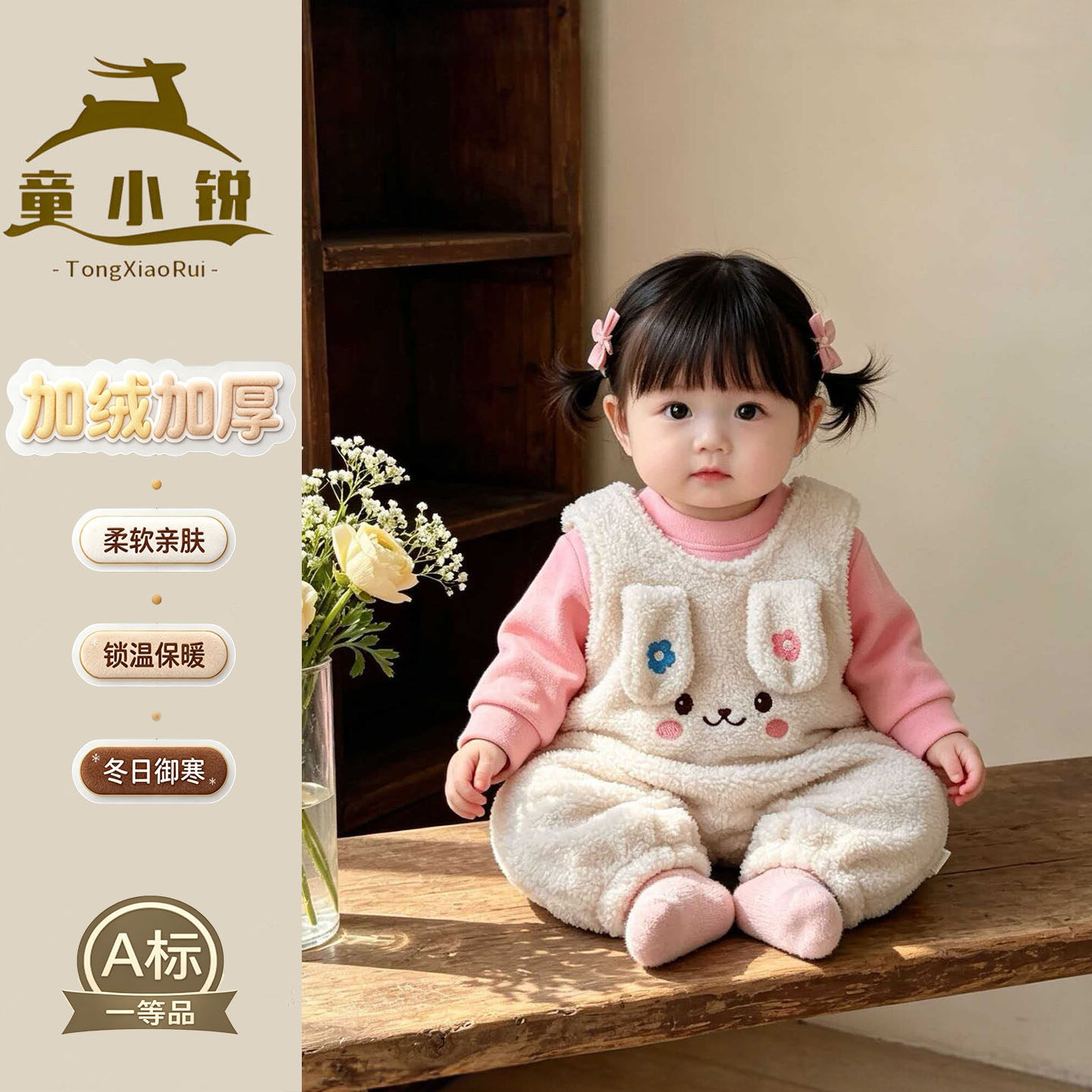 女童秋冬套装一岁宝宝加绒加厚背带裤分体两件套可爱婴儿衣服冬装